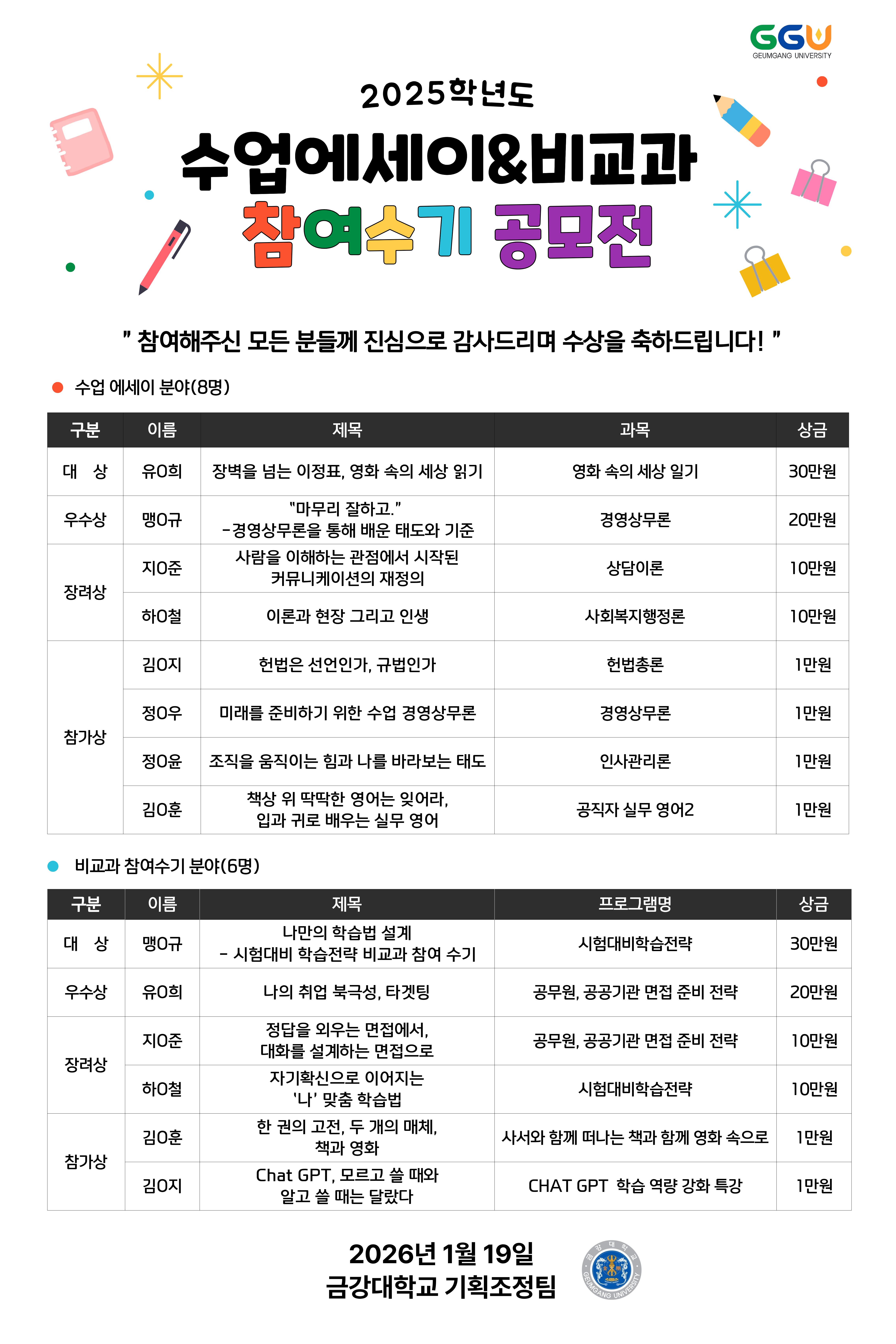 [기획조정팀] 2025학년도 수업에세이&비교과 참여수기 공모전 수상자 안내